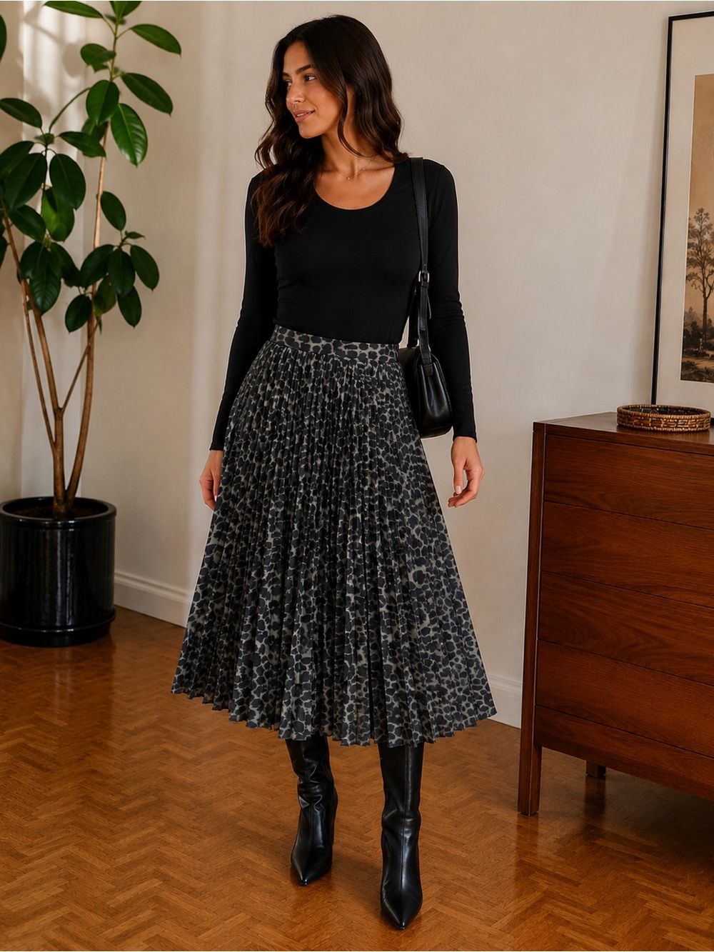 Banana Republic Black and Green Pleated Midi Skirt with Leopard Print